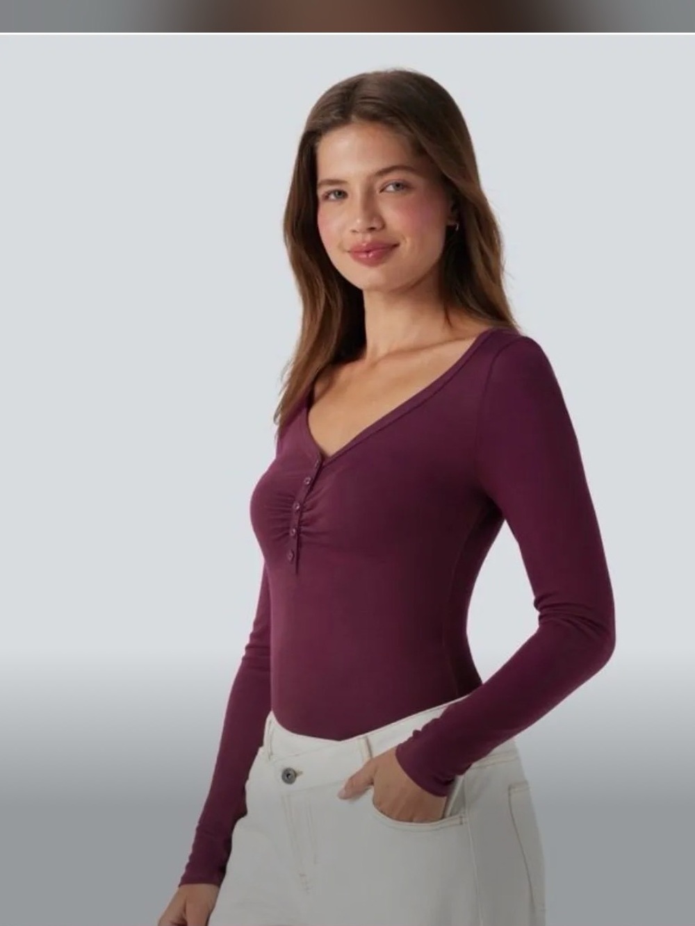 HALARA Long-Sleeve V-Neck Ruched Button Bodysuit - Plum